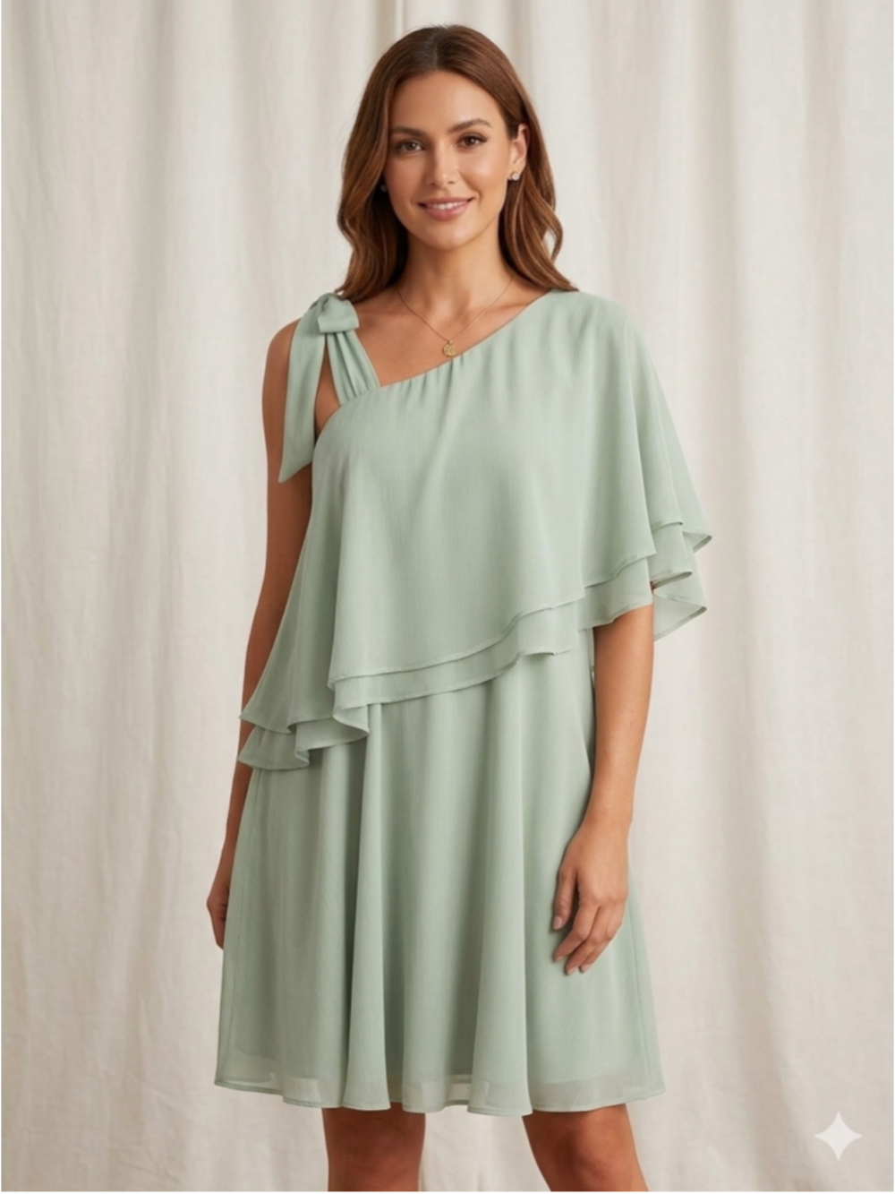 HM Sage Green One Shoulder Mini Dress Tiered Chiffon Flutter Ruffle Overlay 2042